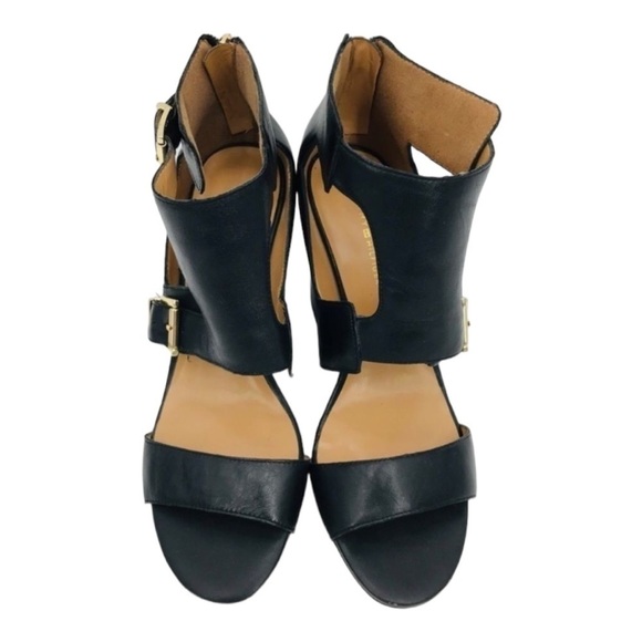 TOMMY HILFIGER Black and Gold Wide T-Strap Buckle Up Leather Shoes size 7.5 - Picture 5 of 13